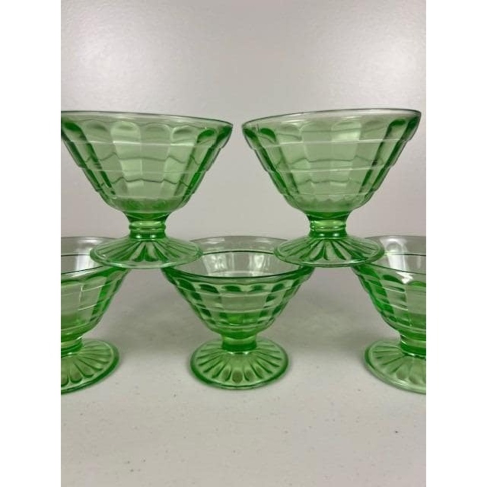 Vintage Anchor Hocking Block Optic‎ Green Uranium Depression Glass Sherbet Cup 5 - Picture 7 of 15